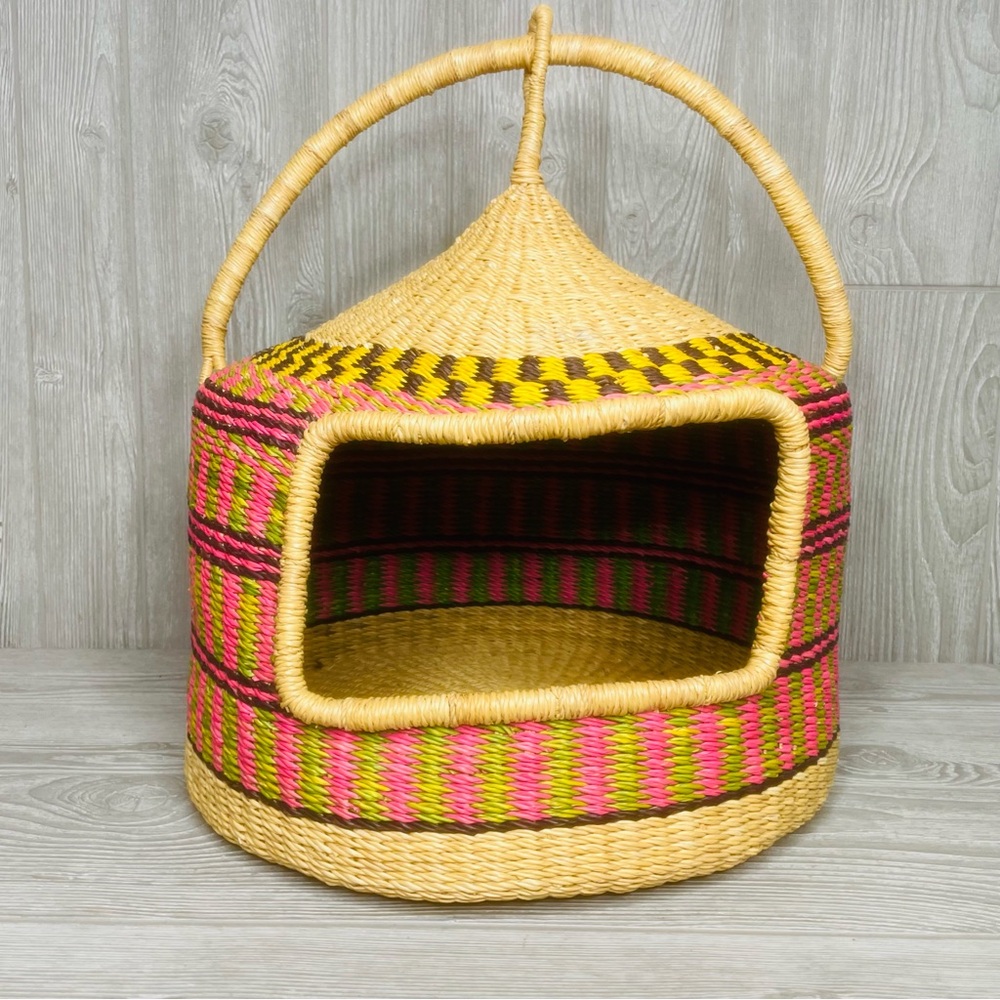 Large woven multicolor unique basket style cat bed decoration / home decor